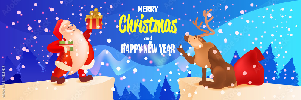 Naklejka premium santa claus with reindeer holding gifts new year christmas holidays celebration concept lettering greeting card