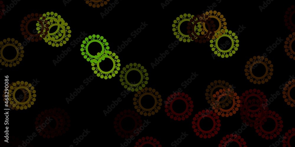 Dark green, yellow vector pattern with coronavirus elements.