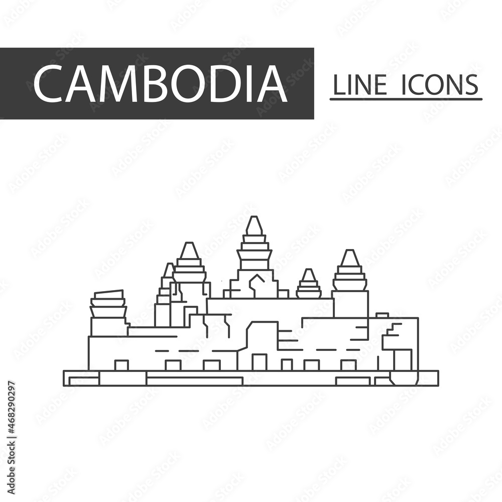 Angkor Wat Cambodia icon. The icons as Cambodia signature in black lines.