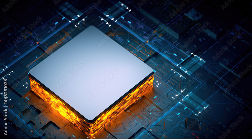 ภาพประกอบสต็อก 3D rendering of cyberpunk AI. Circuit board. Technology ...