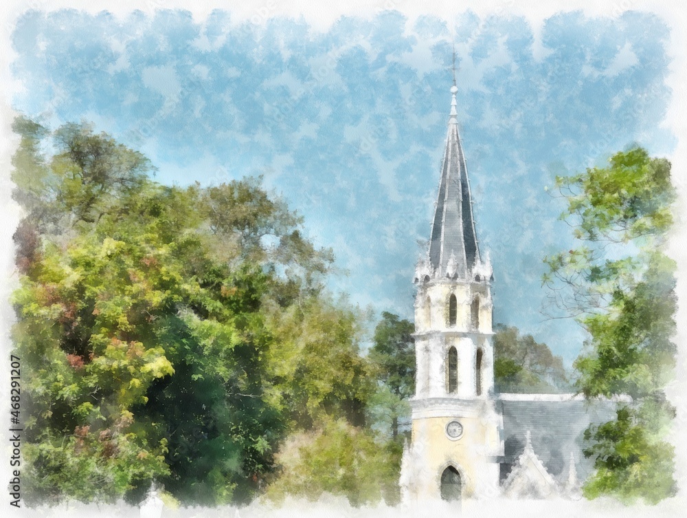 yellow gothic church in the forest watercolor style illustration impressionist painting.
