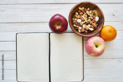 fruit cereals proper nutrition notepad breakfast diet top view