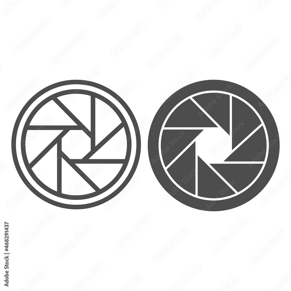 Camera lens shutter aperture, SLR camera line and solid icon, CCTV concept, shutter  blades vector sign on white background, outline style icon for mobile  concept and web design. Vector graphics. Stock Vector
