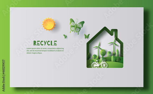 Eco-friendly home with cutting-edge technology, including solar cells and a windmill, paper illustration, and 3d paper.