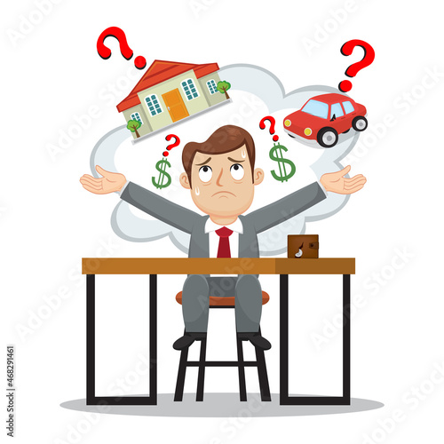 Businessman having financial problems thinking about house and car debt, Illustration vector cartoon