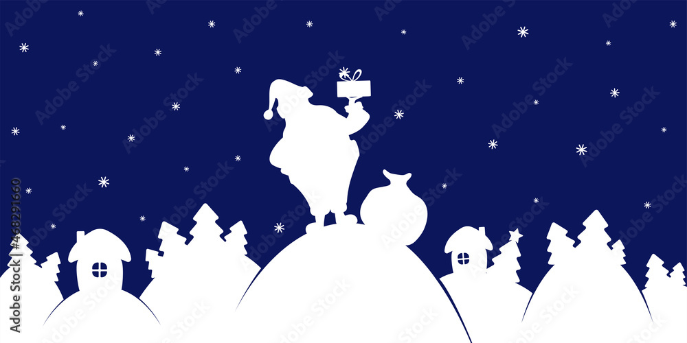 Vector silhouette of Santa Claus with gift on blue background. Christmas background template. Vector silhouette of Santa Claus with gift on blue background. Christmas background template.