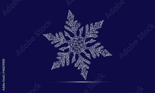 Geometric polygonal shape White vector of Snowflake. Consisting of points, lines, and low poly shapes in the form of design on Blue background.