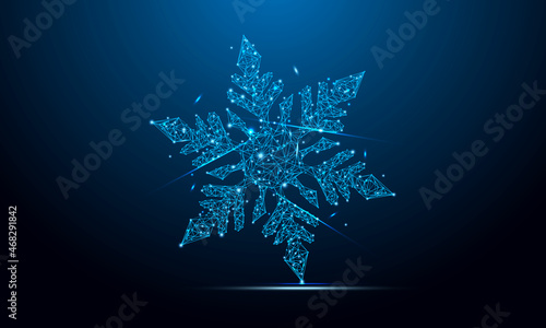 Geometric shape futuristic polygonal vector of Snowflake in the form of a starry sky space. Consisting of points, light, lines, and low poly shapes in the form of design.