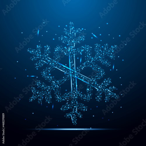 Geometric shape futuristic polygonal vector of Snowflake in the form of a starry sky space. Consisting of points, light, lines, and low poly shapes in the form of design.