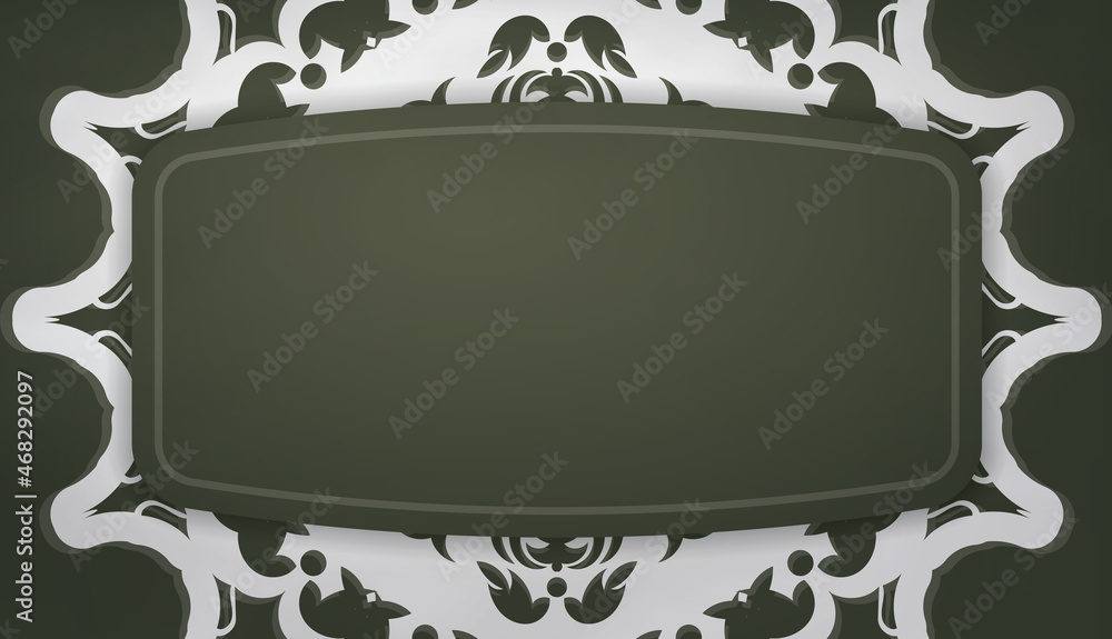 Dark green banner with Indian white pattern and a place under the logo