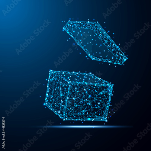 Geometric shape futuristic polygonal vector of gift box in the form of a starry sky space. Consisting of points, light, lines, and low poly shapes in the form of design.