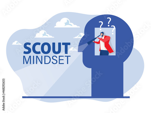 Businessman looking through a telescope on human head for scout mindset concept  vector illustration.