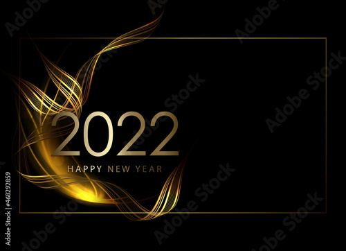 Happy new year 2022, christmas black illustration with curled gold colored stripes,