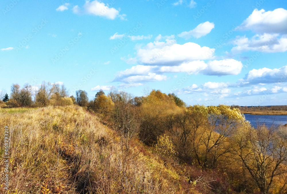 Beautiful autumn landscape in clear, sunny weather. Yellowed grass and trees on the steep bank of a blue river under a bright, blue sky with clouds.
Beautiful autumn landscape in clear, sunny weather. Yellowed grass and trees on the steep bank of a blue river under a bright, blue sky with clouds.
