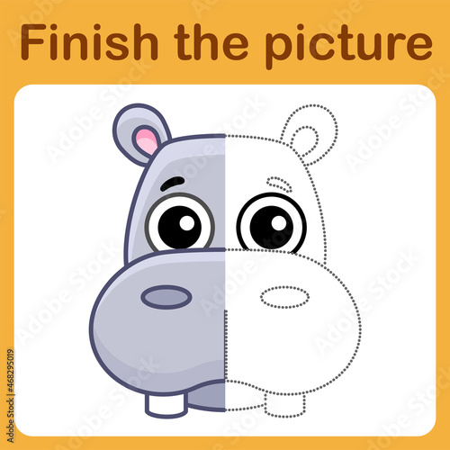 Connect the dot and complete the picture. Simple coloring hippo. Drawing game for children