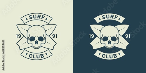 Set of color illustrations of a skull, crossed surfboards, text on the background. Design element for poster, emblem, print, sticker and label. Vector illustration. Surfer symbols.
