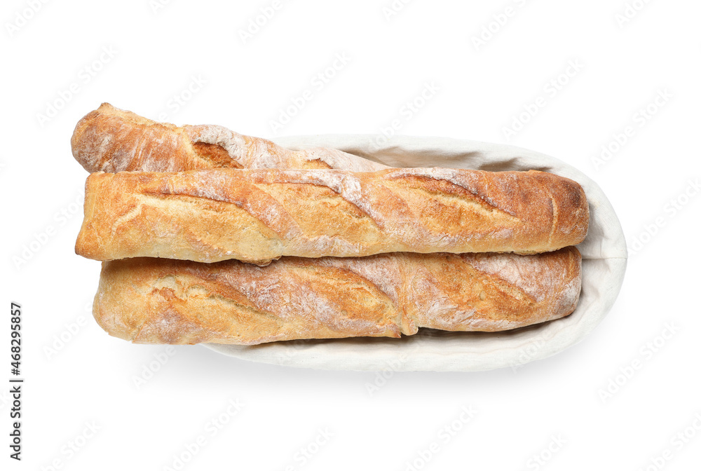 Crispy French baguettes isolated on white. Fresh bread
