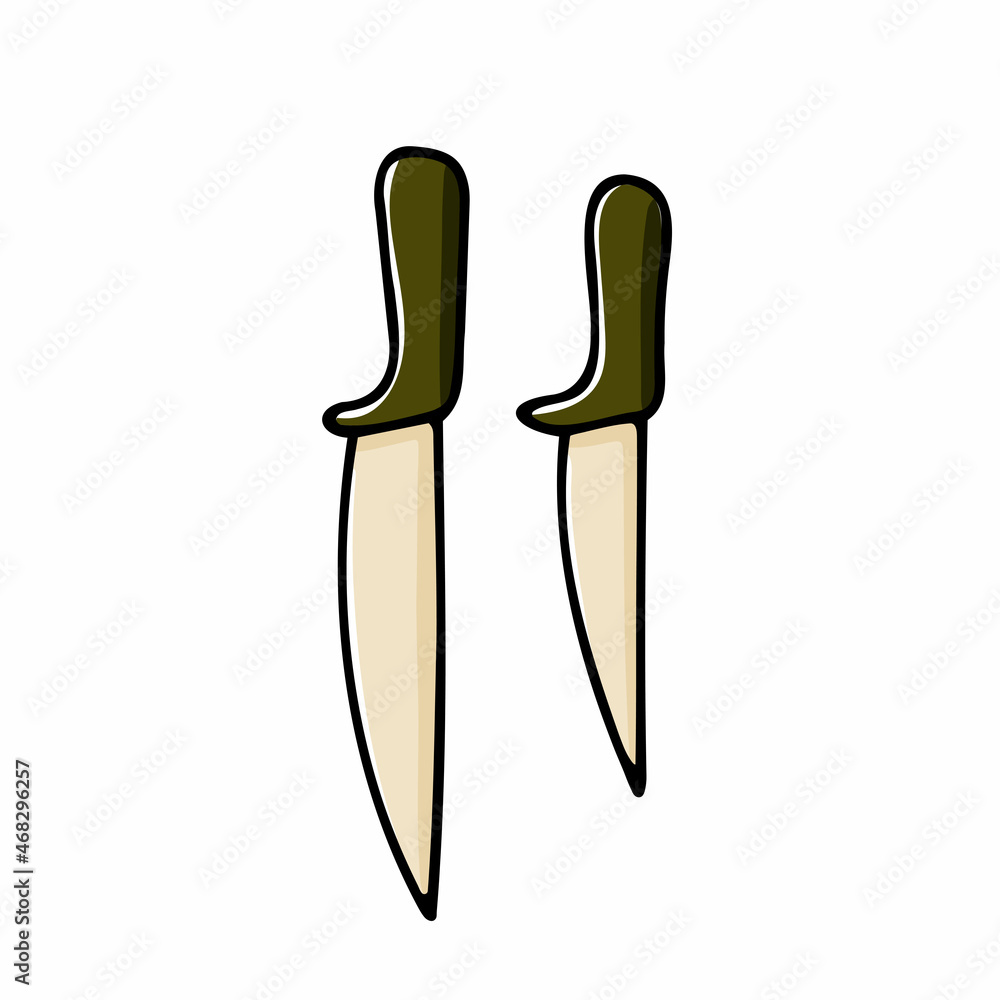 Doodle color knives. Line cutlery isolated on white background. Cooking, restaurants, delicious food sign. Silhouette of a dangerous cold weapon. Dishes, utensils, cutting tools. Vector illustration Doodle color knives. Line cutlery isolated on white background. Cooking, restaurants, delicious food sign. Silhouette of a dangerous cold weapon. Dishes, utensils, cutting tools. Vector illustration