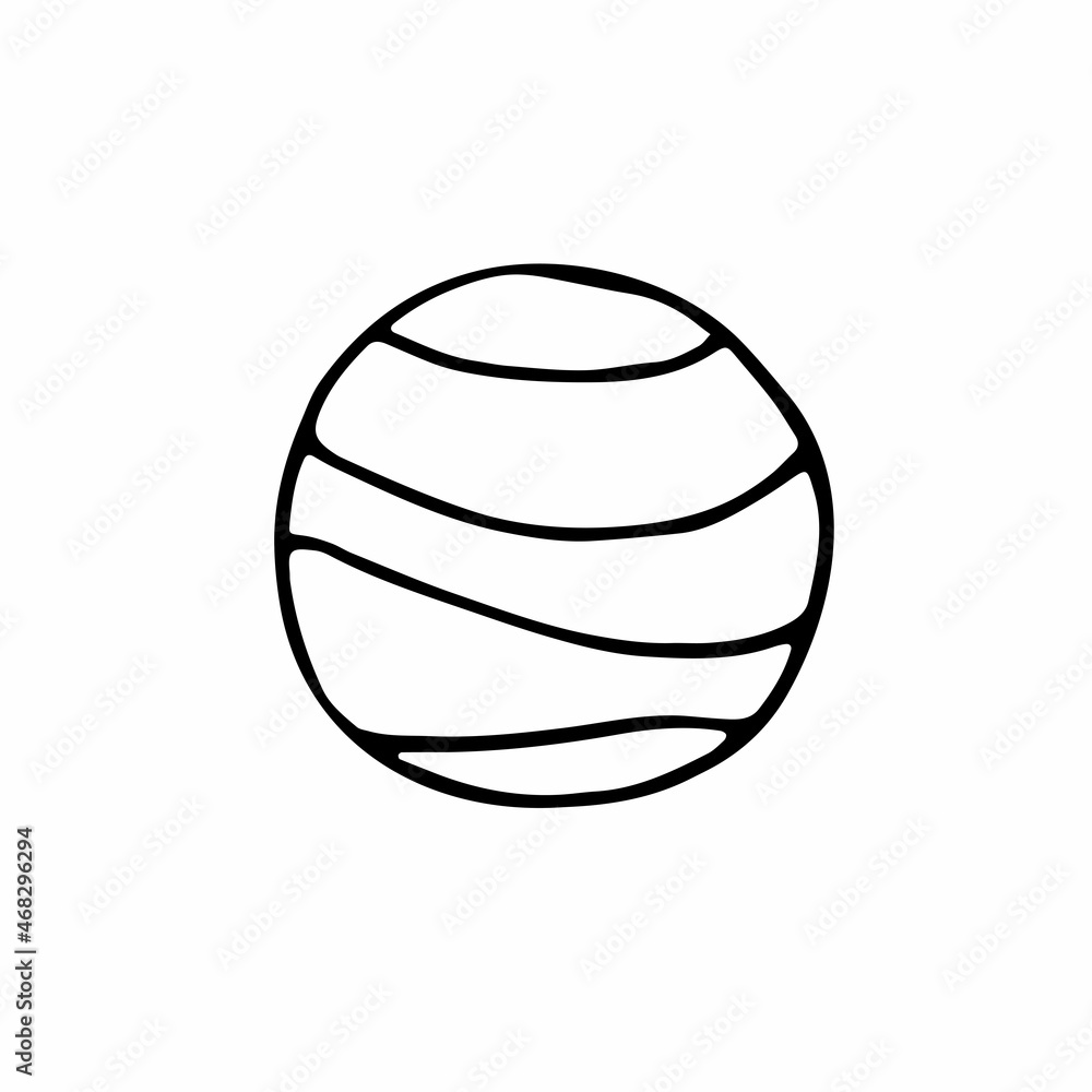 Outline Space doodle image. Hand-drawn Planet isolated on white background. Striped astronomical object. Universe sketch sign. Astronomy, astrology, cosmos symbol. Vector science cute illustration