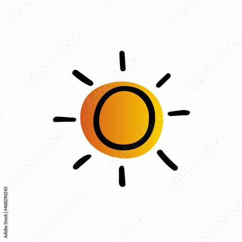 Doodle cute Sun. Hand-drawn Sol isolated on white background. Yellow astronomical object. Sunny day, clear weather, Synoptic sign. Vacation, travel, solar energy symbol. Vector education illustration