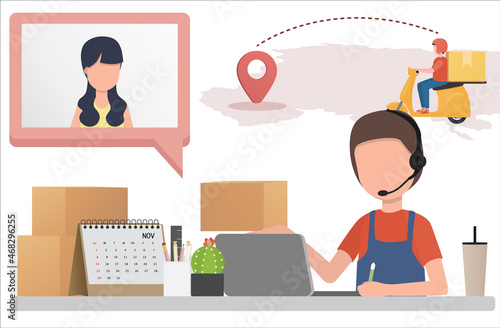 Call center staff contact customers to inform the delivery process. Customers can track delivery people online. EPS10 Vector Illustration.