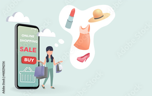 Online shopping concept. Customers use the app to conveniently shop for a variety of items such as lipsticks, dresses, hats and shoes. EPS10 Vector Illustration.