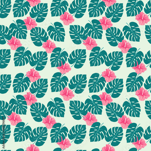 Summer seamless tropical pattern  Tropical leaves and flower  green leaf seamless floral pattern background Modern abstract design for fabric  paper  interior decor. 