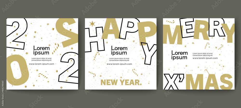 Happy New Year 2022 concept,  Templates with black and gold typography logo 2022 and Colorful Confetti for celebration, Trendy template for branding, banner, cover, card, social media, Vector EPS.10