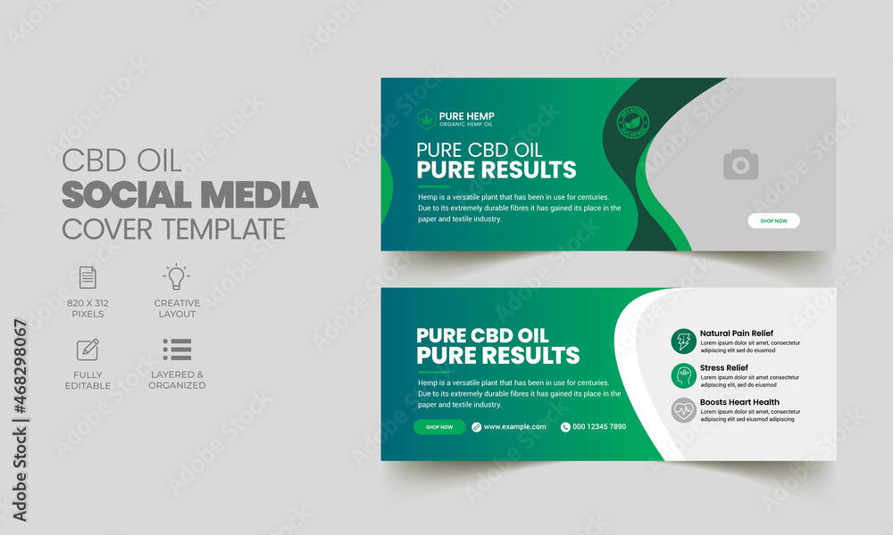 Hemp product CBD oil social media cover template and cannabis extract oil web banner design with creative business marketing layout