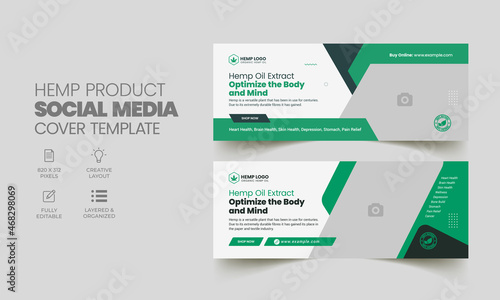 Hemp product CBD oil social media cover template and cannabis extract oil web banner design with creative business marketing layout