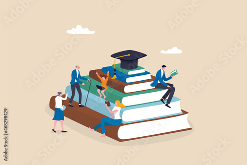 Lifelong learning, self study to motivate and improve skill development, continue learn new knowledge for life long concept, people in different age reading new books and study online on book stacked. photo