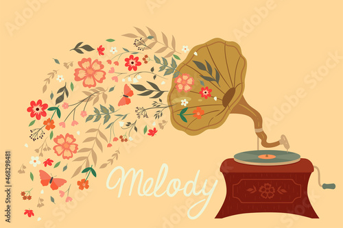 Banner or postcard with gramophone, flowers and melody inscription. Vector graphics.