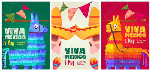Viva Mexico cartoon flyers, mexican symbols skulls in sombrero, donkey pinatas, garlands and and maracas. Festive invitation for festival, traditional live music party, Mexico holiday vector posters