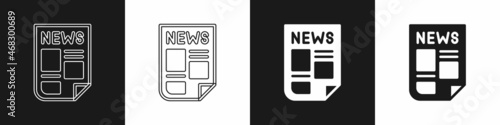 Set News icon isolated on black and white background. Newspaper sign. Mass media symbol. Vector