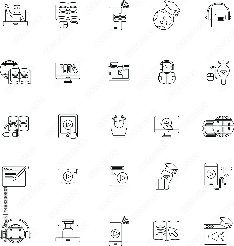 Outline Online Education and Elearning flat icon vector collection set