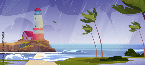 Lighthouse on sea shore at storm, beacon building at disaster nature ocean landscape with rain, splashing water waves and bent palm trees at coastline under dull cloudy sky Cartoon vector illustration