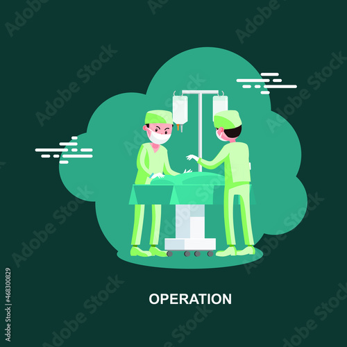 Operation with young doctors doing surgery operation theater flat concept design