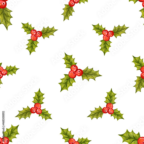 Seamless Christmas pattern with holly berries. 