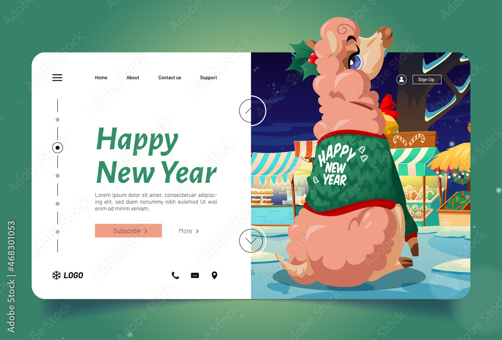 Fototapeta premium Happy New Year greetings with cute llama cartoon landing page. Lama sitting at night fair rear view, alpaca animal wear festive green knit sweater, red bow and holy berry on head, Vector web banner