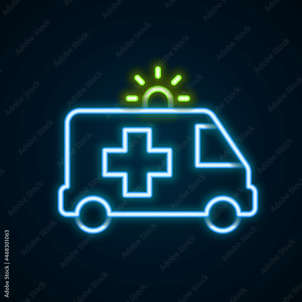 Glowing neon line Ambulance and emergency car icon isolated on black background. Ambulance vehicle medical evacuation. Colorful outline concept. Vector Glowing neon line Ambulance and emergency car icon isolated on black background. Ambulance vehicle medical evacuation. Colorful outline concept. Vector