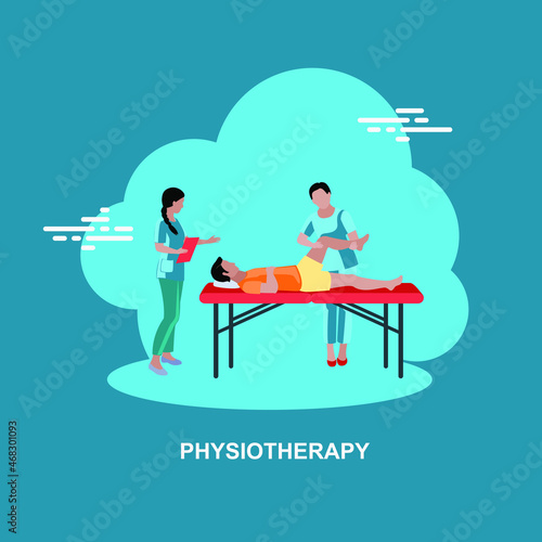 Physiotherapy with young team helping patient with therapy flat concept design