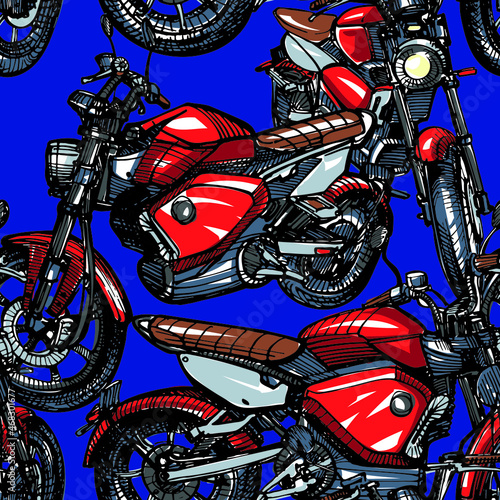 A classic-looking motorcycle - hand-drawn sketch. Seamless Pattern