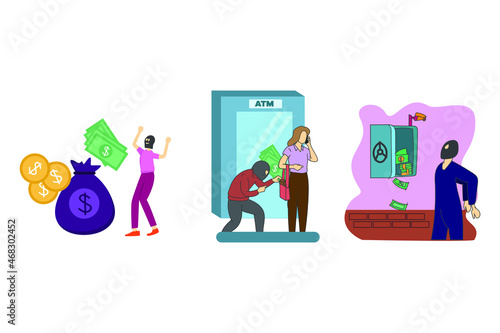 woman drawing money from ATM, Male thief waiting to stealing. group of thieves steal information vector illustration