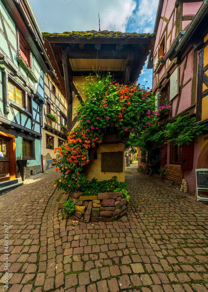 Street in Eguisheim, one of the prettiest villages in France. Equishiem is in the Southern end of Alsace wine route.