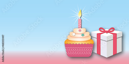 Birthday cupcake with candle and gift on pastel background. Illustration of cupcake or happy birthday, space for the text. paper art design style.