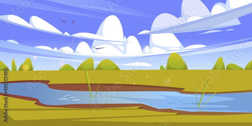 Summer landscape with brook, green grass and bushes. Vector cartoon illustration of nature scene with spring lawn on river shore, clouds and flying birds in blue sky. Rural meadow with water stream