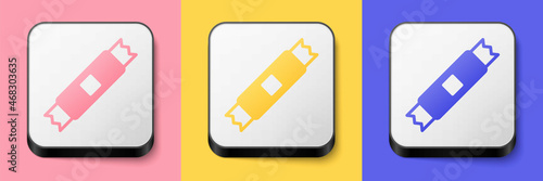 Isometric Sugar stick packets icon isolated on pink, yellow and blue background. Blank individual package for bulk food products as coffee, salt, spices. Square button. Vector