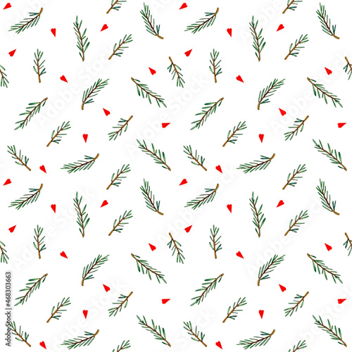 seamless watercolor pattern with pine branches and red hearts on a white background.