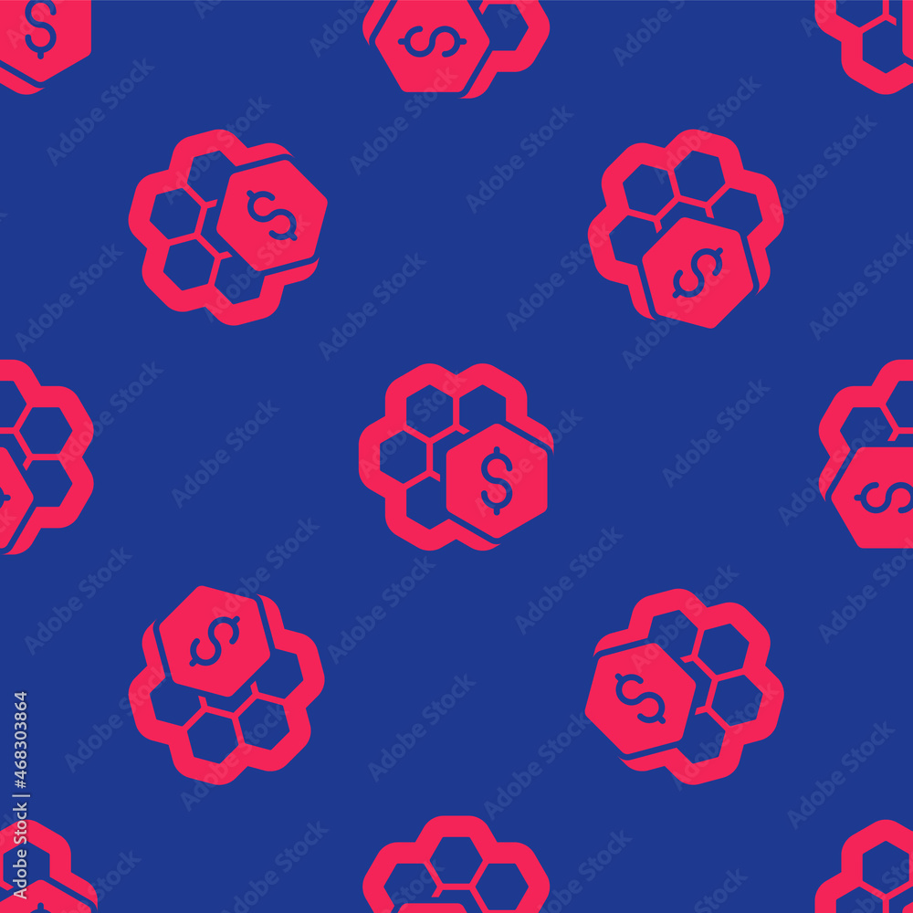 Red Sale of honeycomb icon isolated seamless pattern on blue background. Honey cells symbol. Sweet natural food. Vector Red Sale of honeycomb icon isolated seamless pattern on blue background. Honey cells symbol. Sweet natural food. Vector