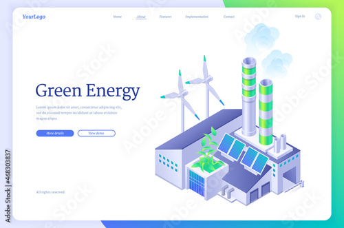 Green energy industry isometric landing page. Sustainable development concept with modern factory work on windmill turbines, solar panels and battery renewable power, environment 3d vector web banner